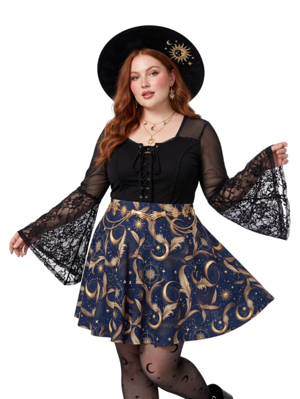 Whimsigoth Crescent Moon Celestial Skater Skirt | Plus Size 90s Witchy